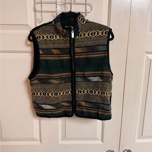 Chico's Patterned Knit Zip-Front Vest in Green, Black & Tan